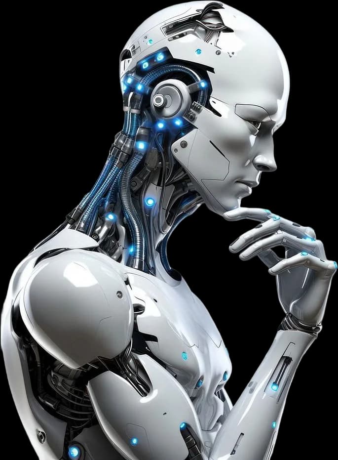Chrome humanoid robot in a thinking pose